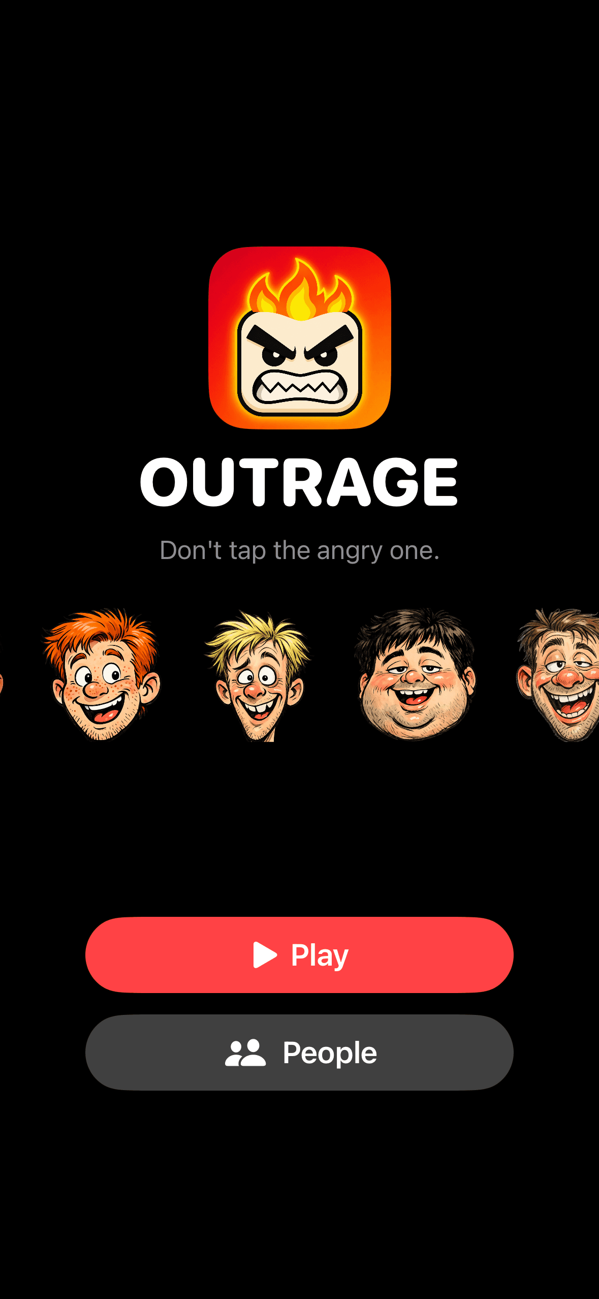 Outrage home screen with the angry flame logo and a Play button