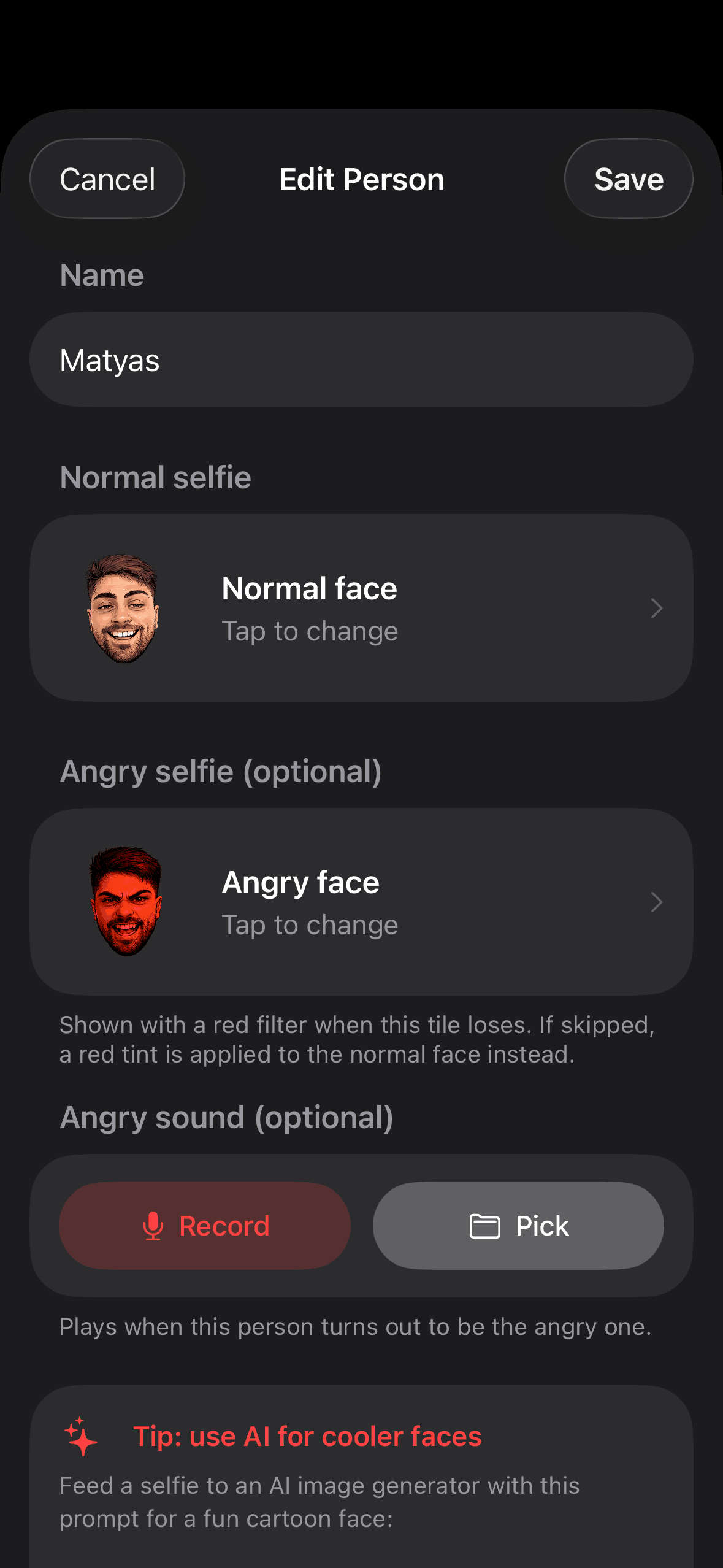 Edit Person screen with normal selfie, angry selfie, and angry sound recording