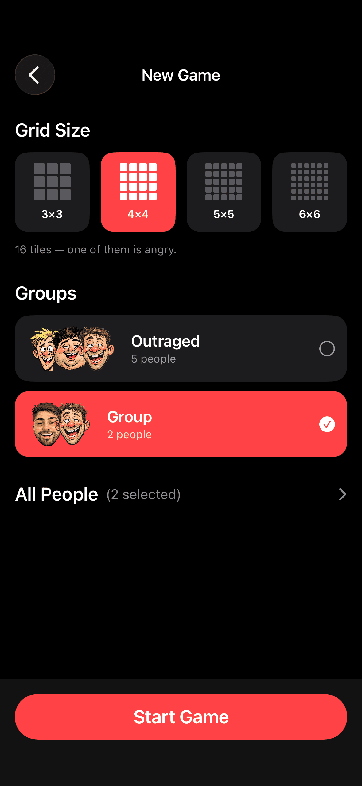 New Game screen with grid size options and selectable groups of people