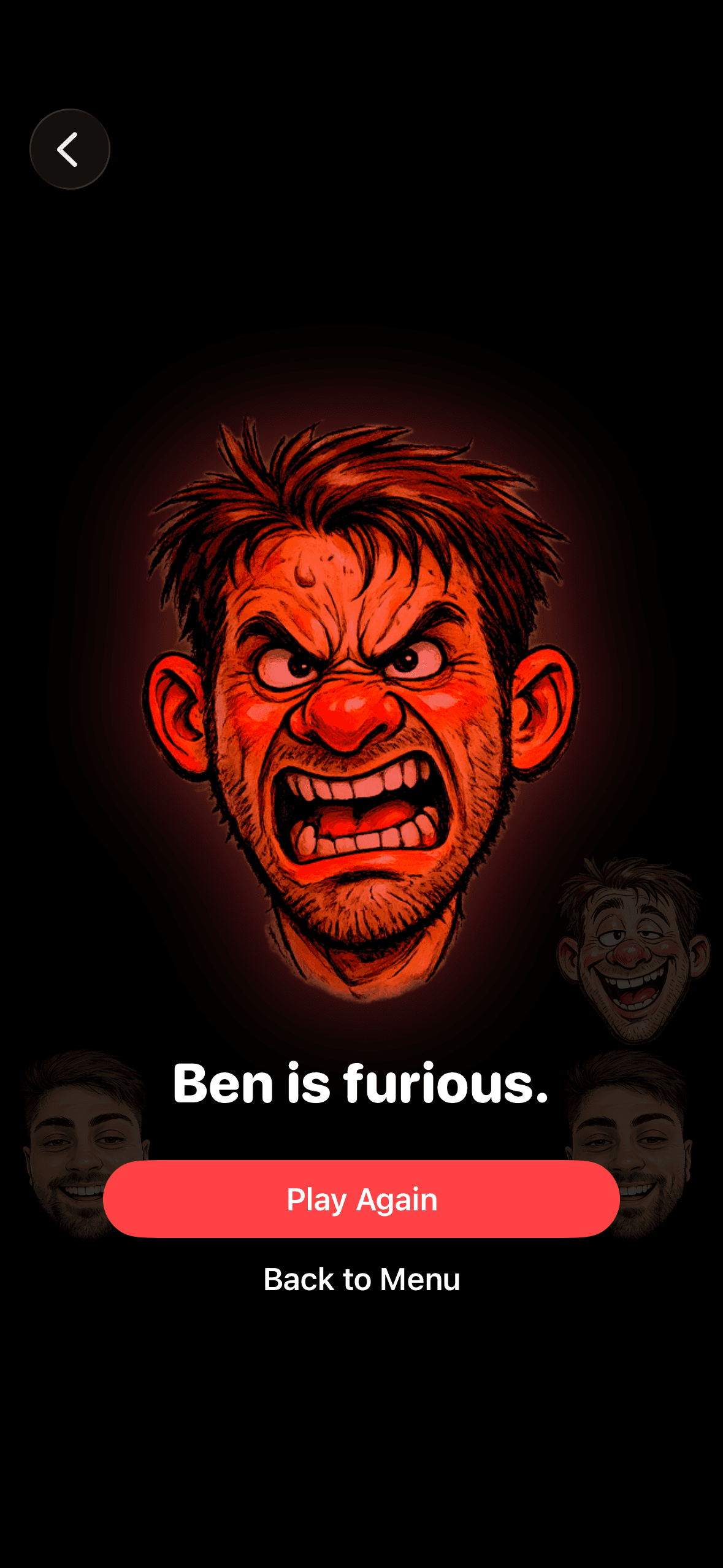 Game over screen showing a furious red face with Play Again button